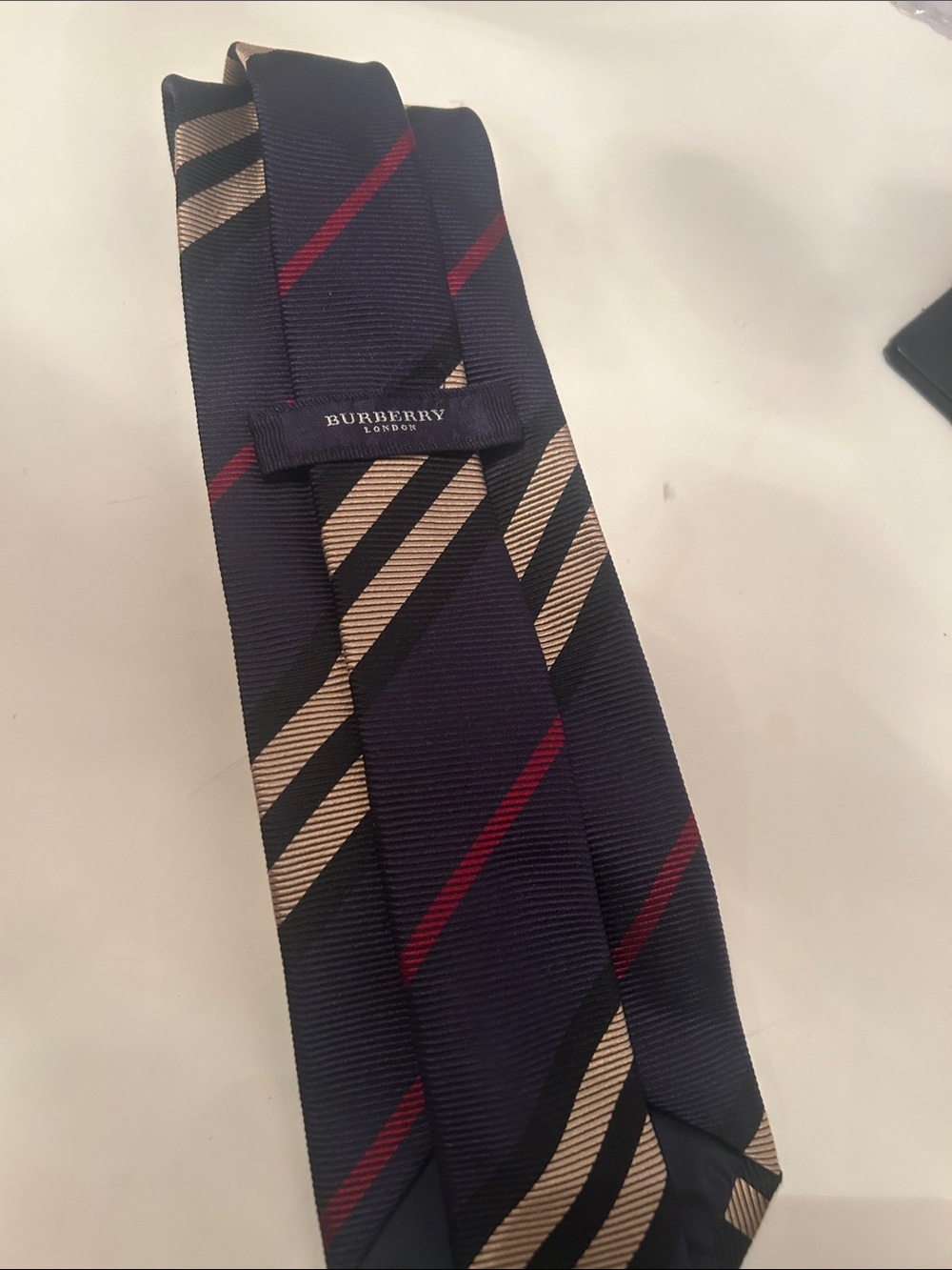 Burberry Navy Silk Tie with Beige and Red Diagonal Stripes